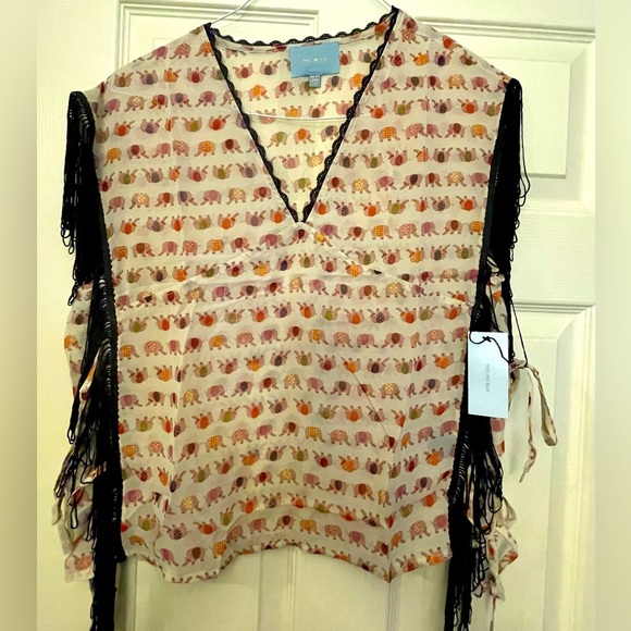 NWT- BoHo Style Linen elephant Print 
fringe shirt, tie sides - Picture 1 of 10